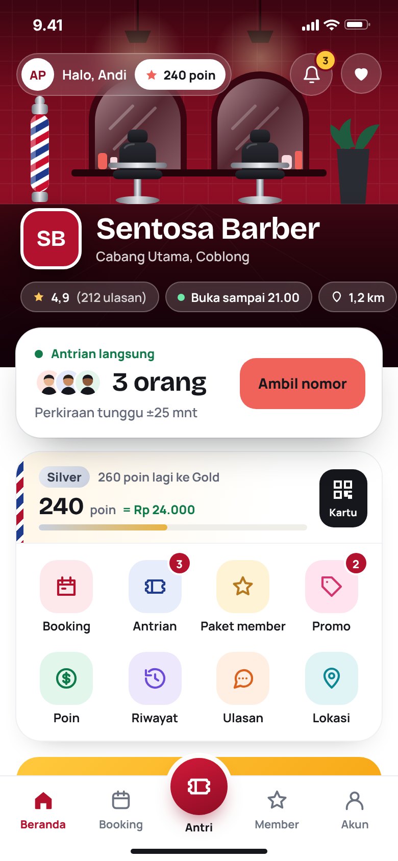 Aplikasi pelanggan Sentosa Barber