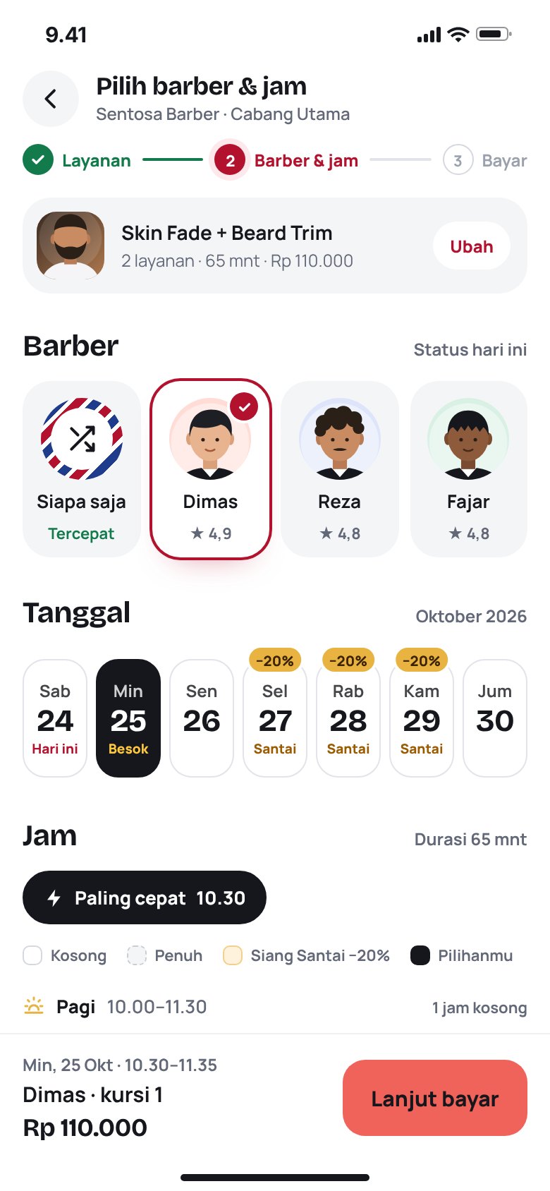 Pelanggan memilih barber dan jam di aplikasi