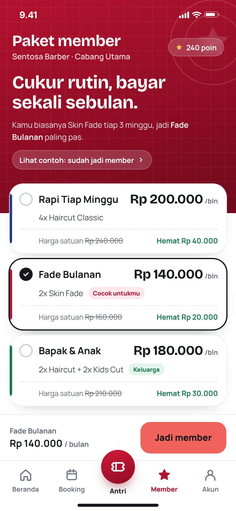 Paket member di aplikasi pelanggan