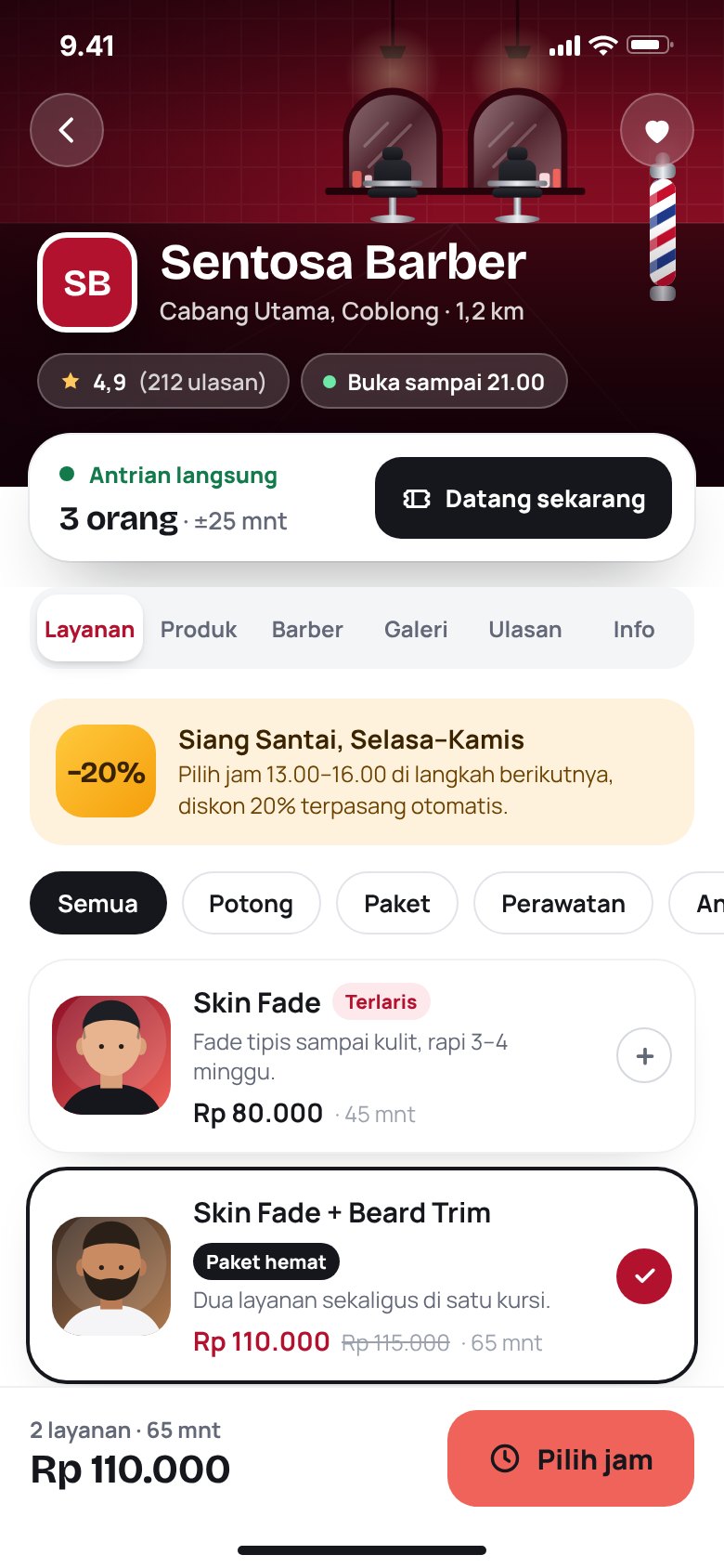 Profil toko dan layanan di aplikasi